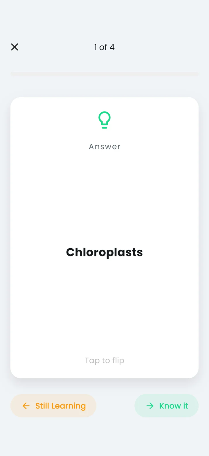 Quizziz flashcard answer showing Chloroplasts and the Still Learning and Know it controls