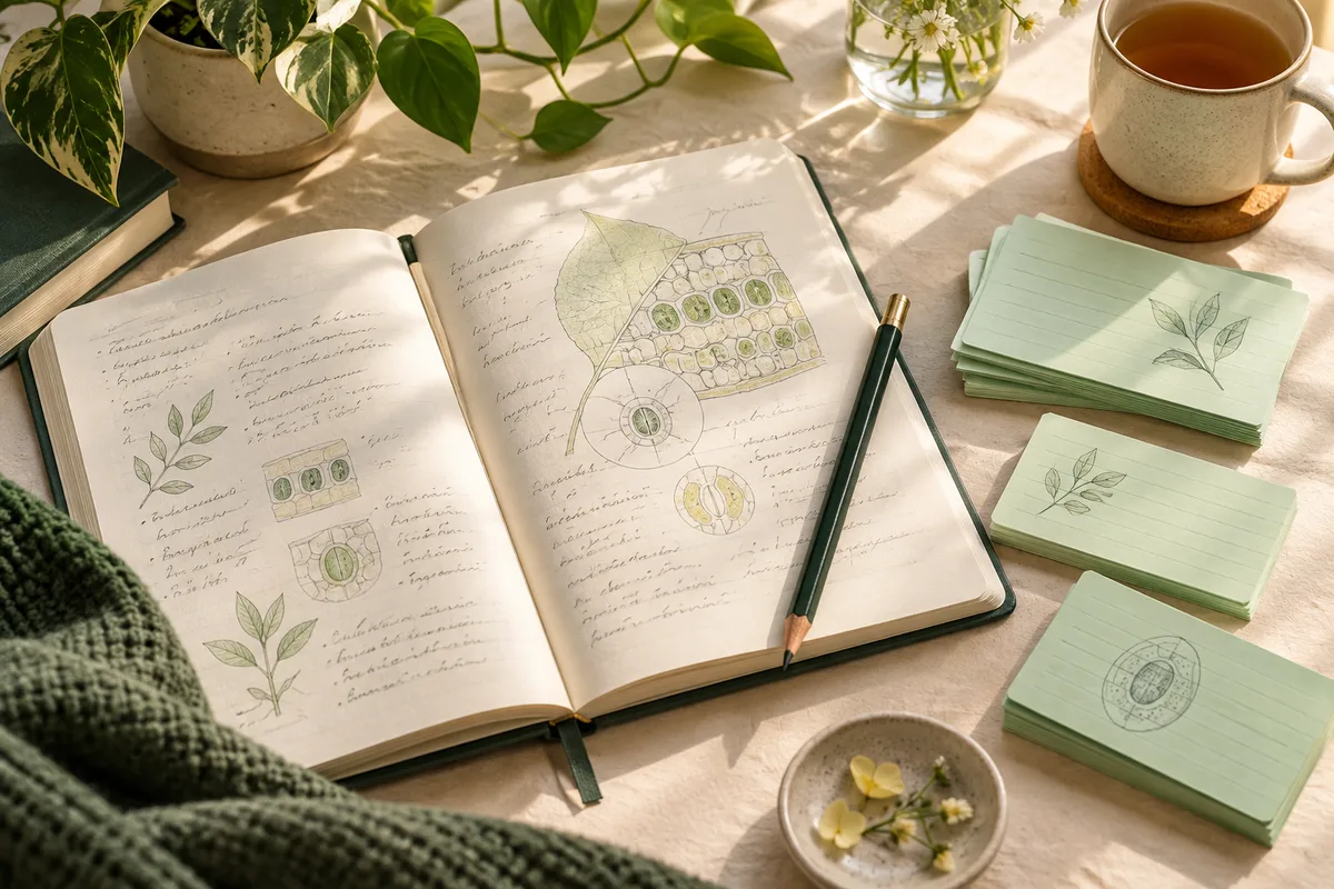 An open study notebook with botanical drawings and mint index cards on a sunlit desk