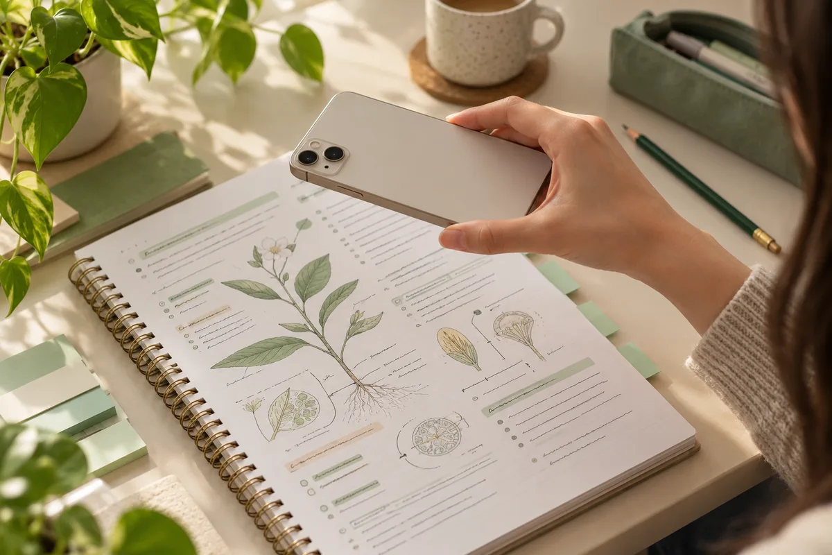 A hand holding an unbranded phone above a page of illustrated study notes